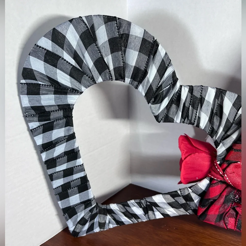 Large 24” Gingham Ribbon Wrapped Double Heart Wreath Decor Lumberjack